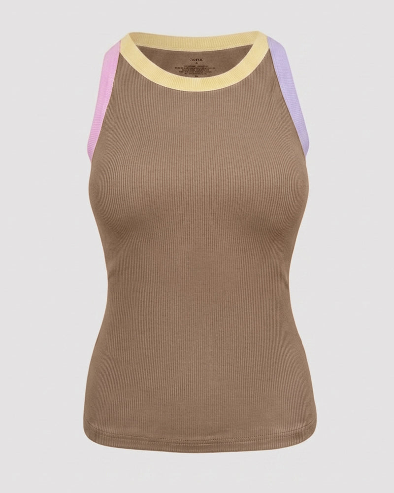 Women's Contrast Binding Tank Top Ribbed Knit Sleeveless Scoop Neck Slim Fit Camisole Top with Built-in Bra